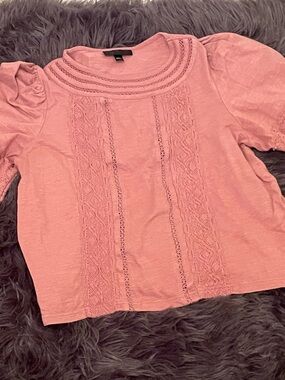Topshop Long Sleeve Lace-Trim Puff Sleeve Top